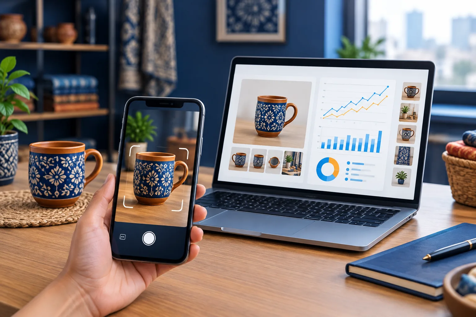 Smartphone using visual search beside a laptop showing product images and website performance analytics