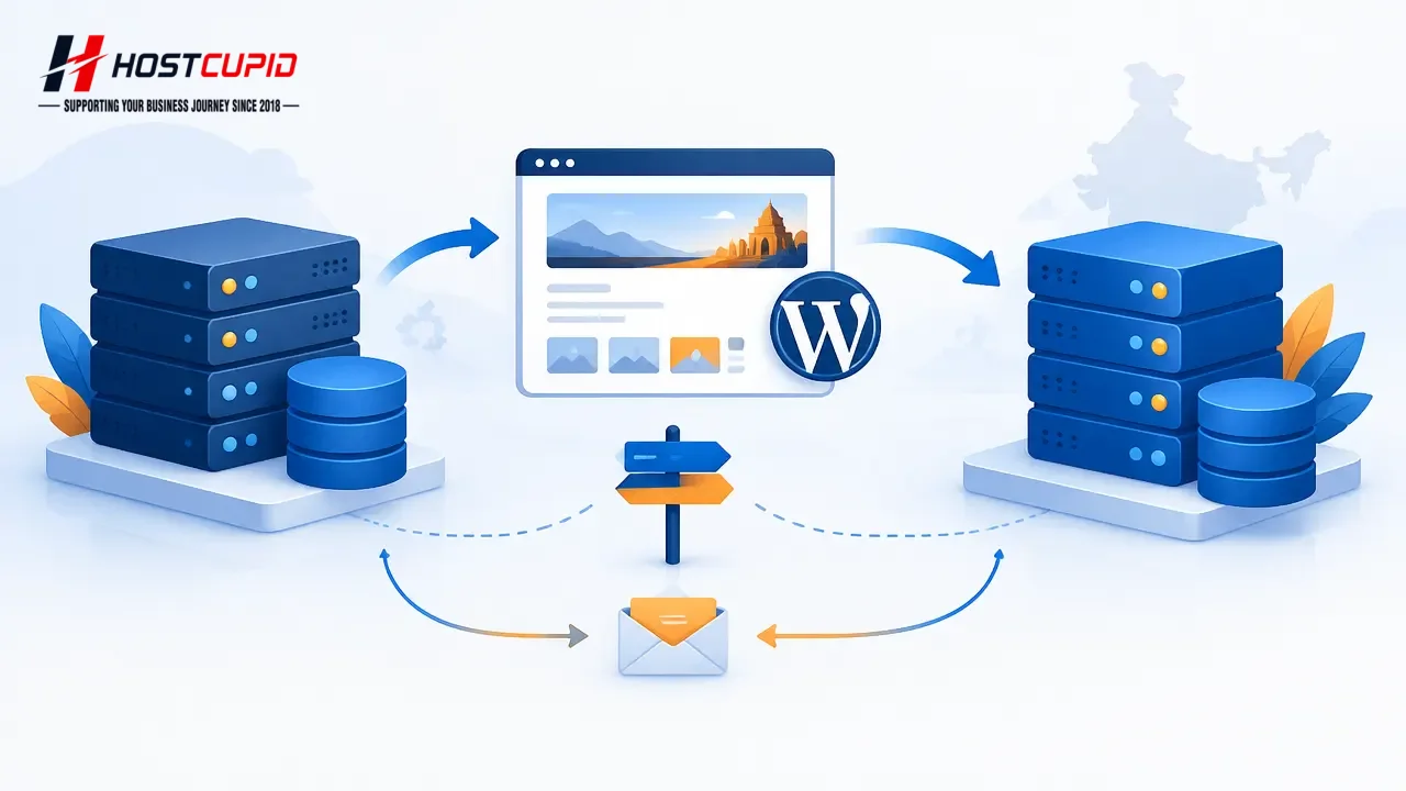 Illustration of a website, database and email being carefully moved between hosting environments through a DNS connection.