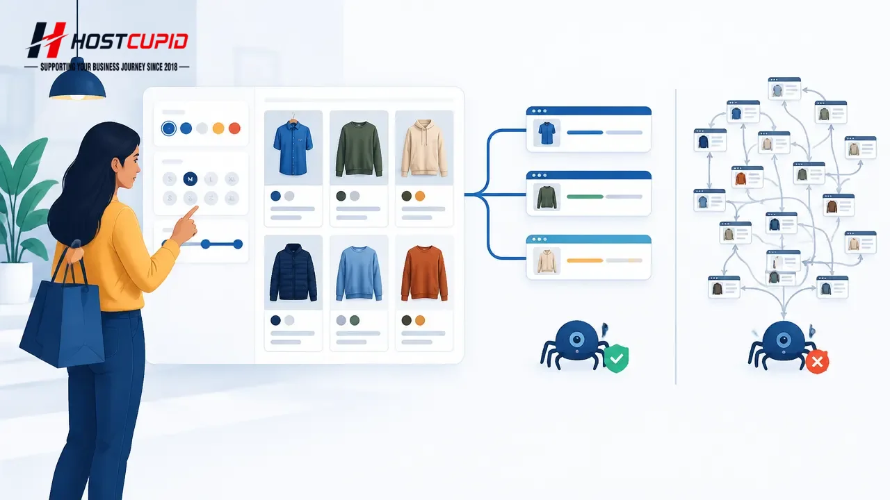 Illustration of ecommerce product filters narrowing a catalogue while a clean URL structure avoids excessive branches.