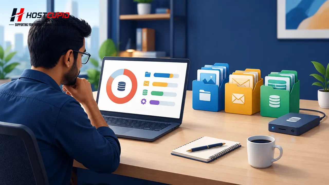 Website owner reviewing hosting storage categories and keeping a separate backup copy