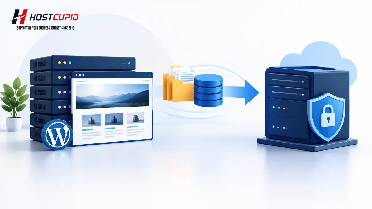 Illustration showing website files and a database copied into separate backup storage