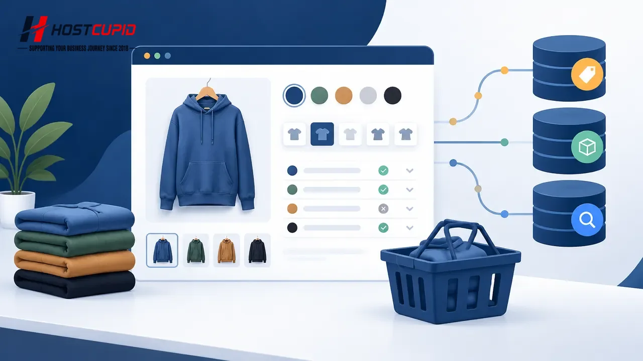Illustration of product size and colour options connected to an ecommerce shopping basket