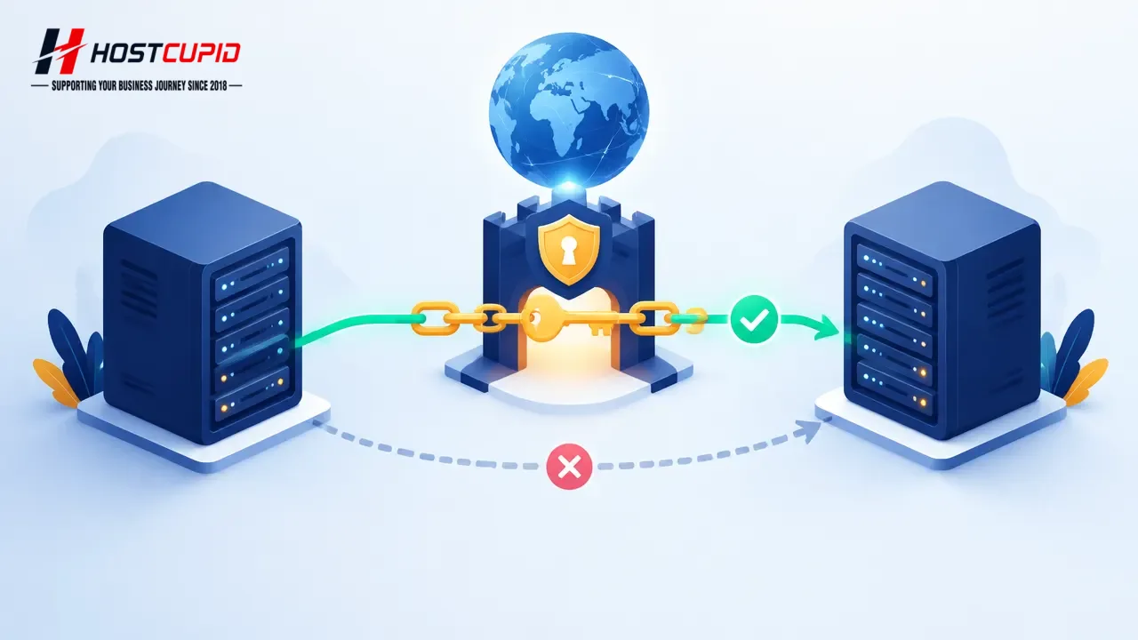 Illustration of DNSSEC keys and a registrar record being coordinated during a website hosting migration