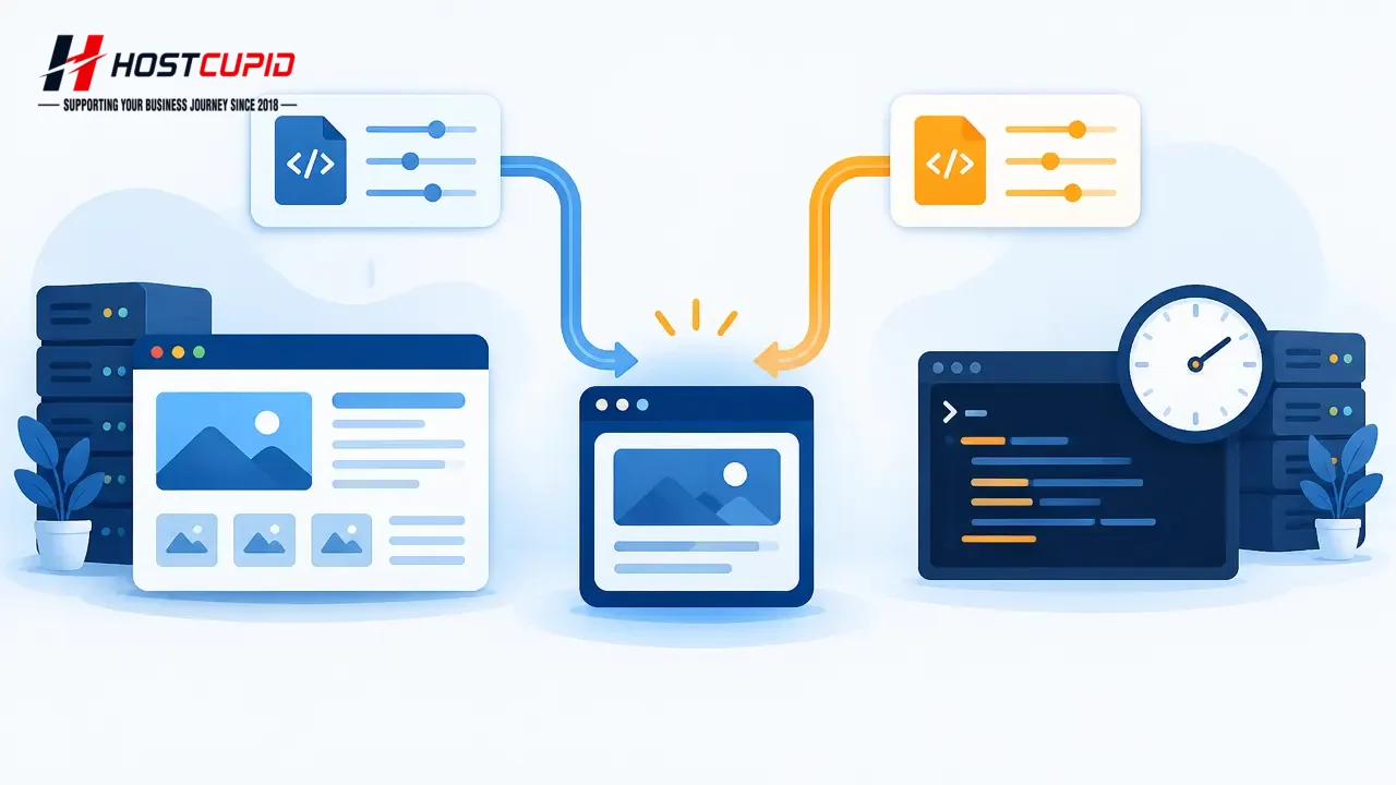 Illustration showing a website request and a scheduled command-line task using separate PHP environments