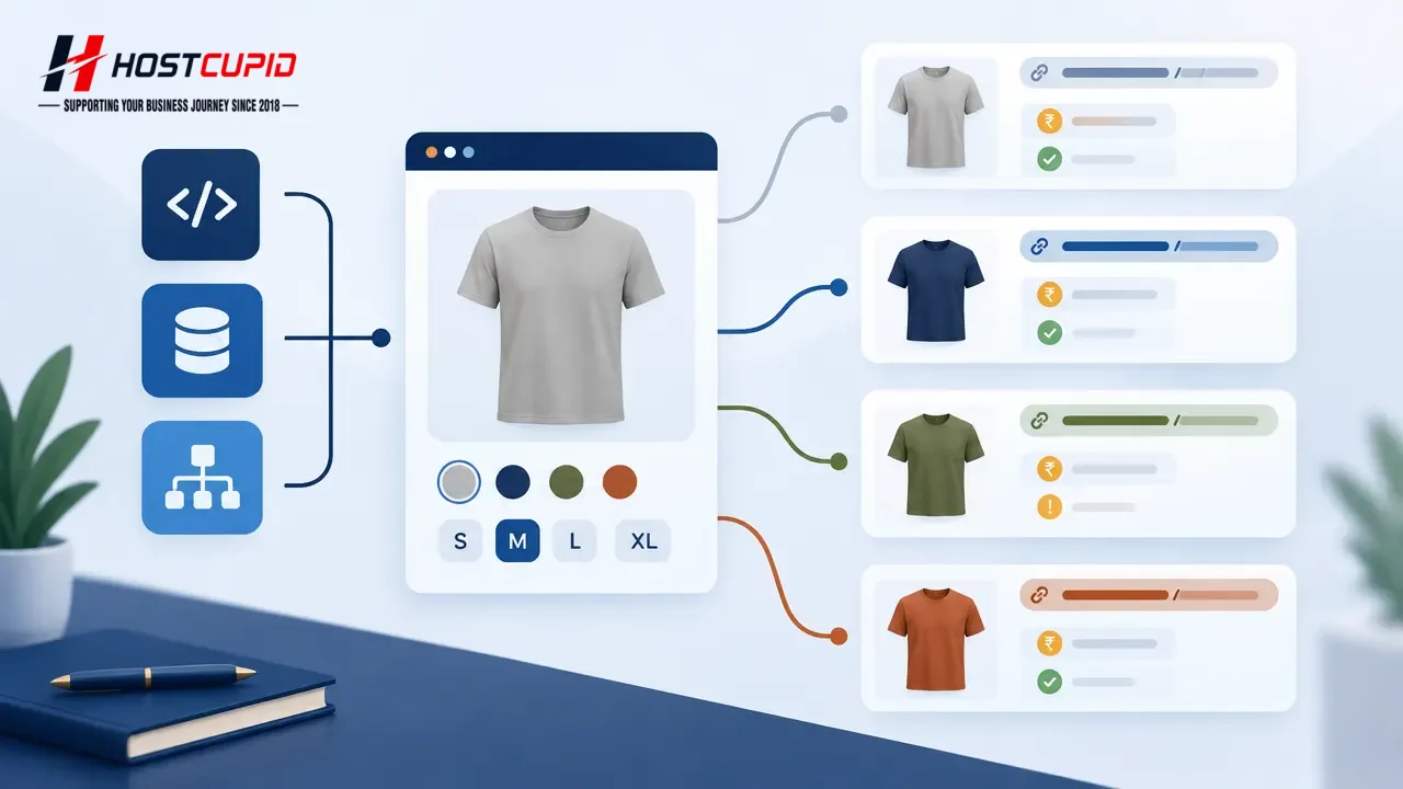 Illustration showing one ecommerce product connected to distinct colour and size options with matching URL and product data.