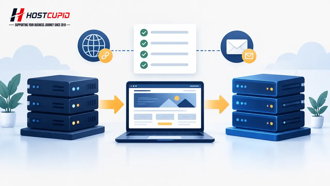 Illustration of a website migration checklist connecting an old and new hosting environment
