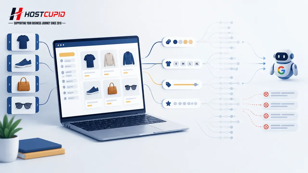 Illustration of product category paths being separated from excess ecommerce filter URL branches.