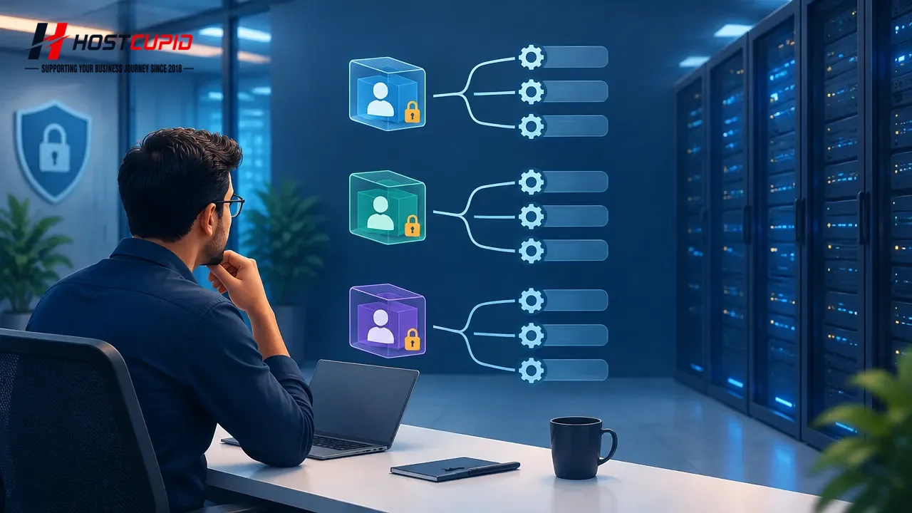 Illustration of an administrator reviewing PHP worker processes serving isolated website accounts
