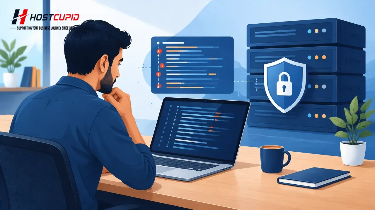Website owner reviewing a protected server error log on a laptop