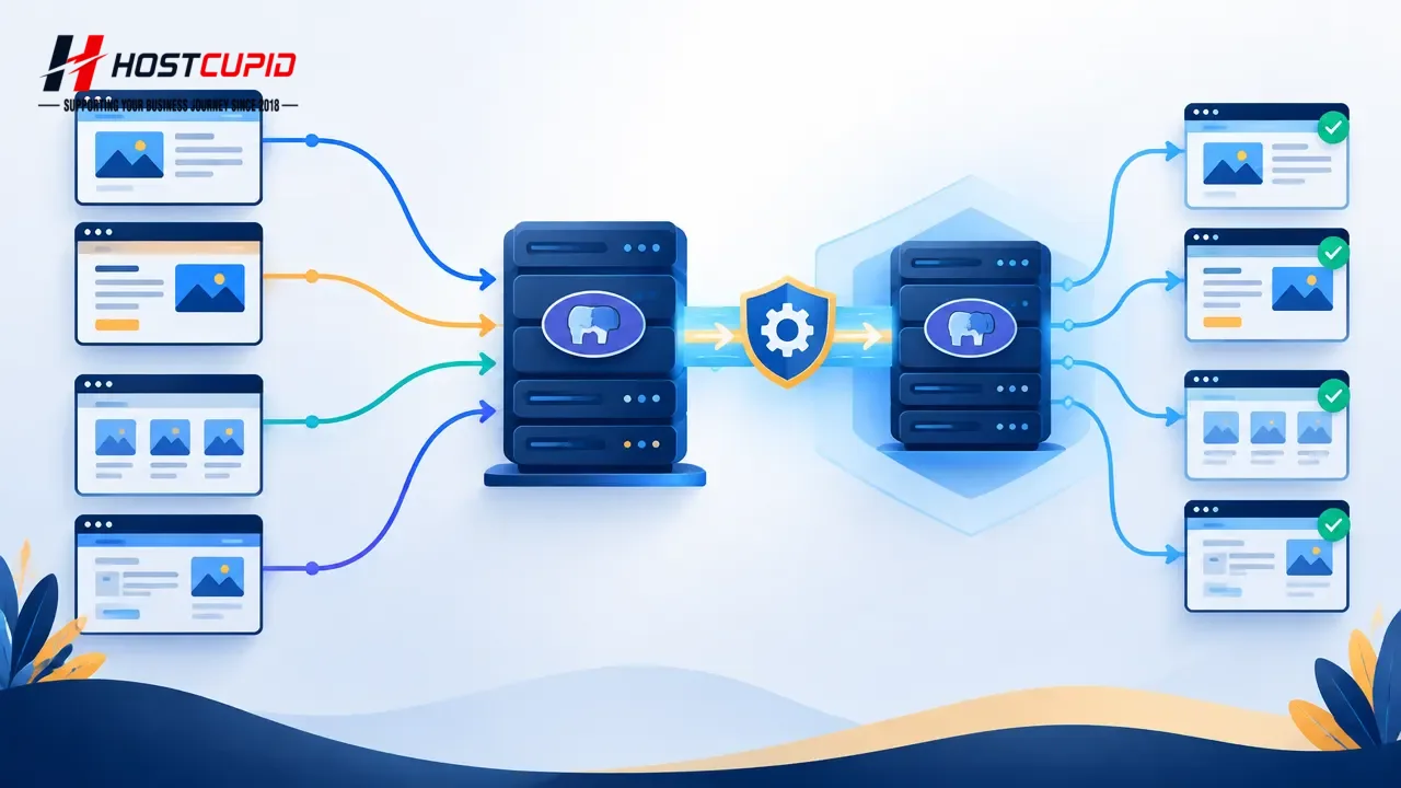 Illustration of a PHP server runtime being updated to protect several websites connected through different web request paths.