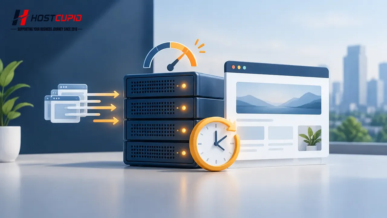 Illustration of a website server handling temporary load with a clock representing a crawler retry window.