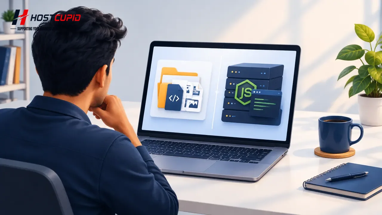Developer assessing static website files and a Node.js application process before choosing hosting