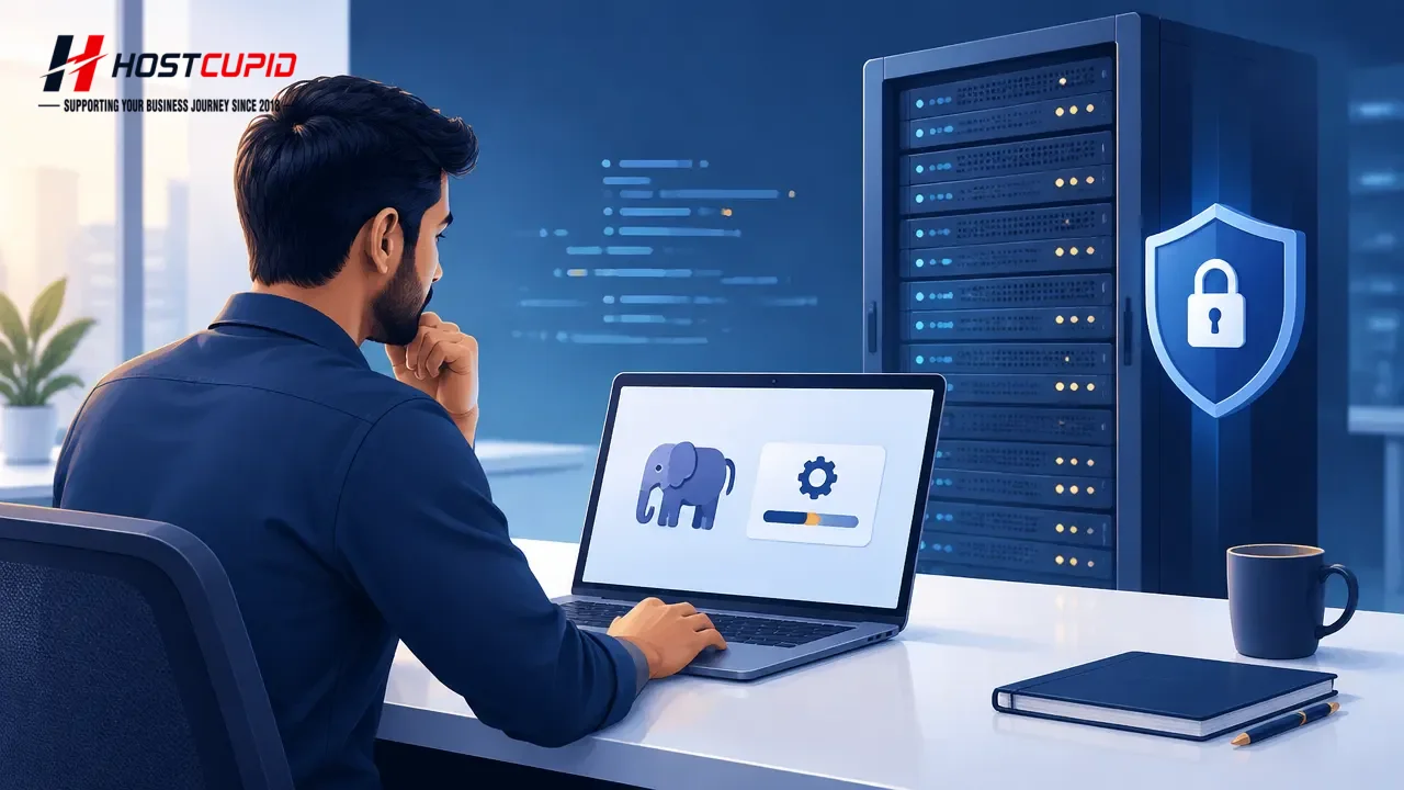 Website owner checks a PHP runtime update beside a server rack