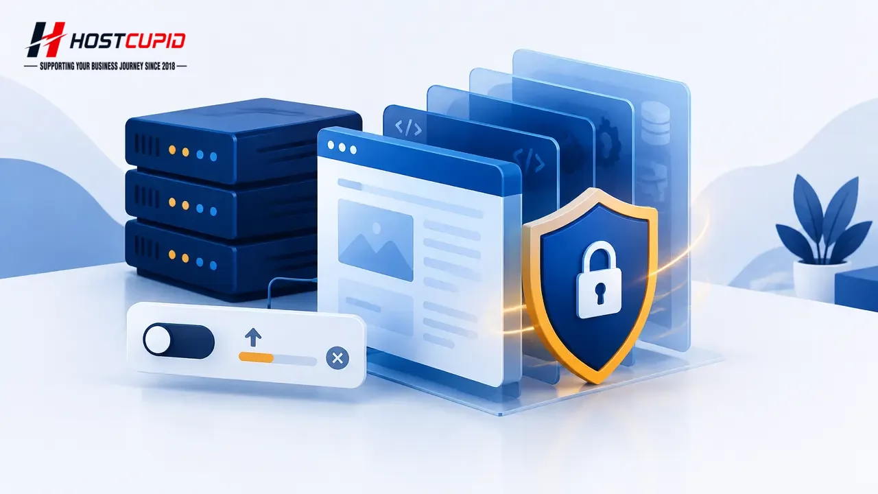 Illustration of a website server with a configuration switch disabling upload progress as a temporary PHP security measure