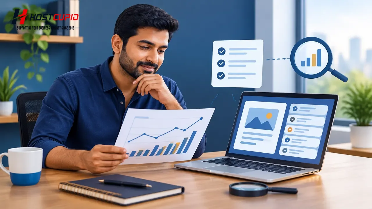 Website owner reviewing search visibility metrics and a checklist to decide which page to improve