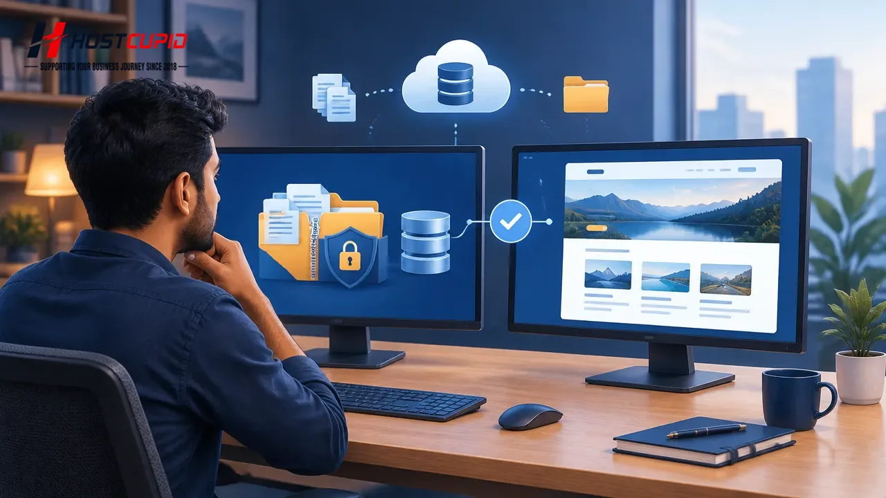 Website owner checking a cPanel backup archive and testing a restored website separately