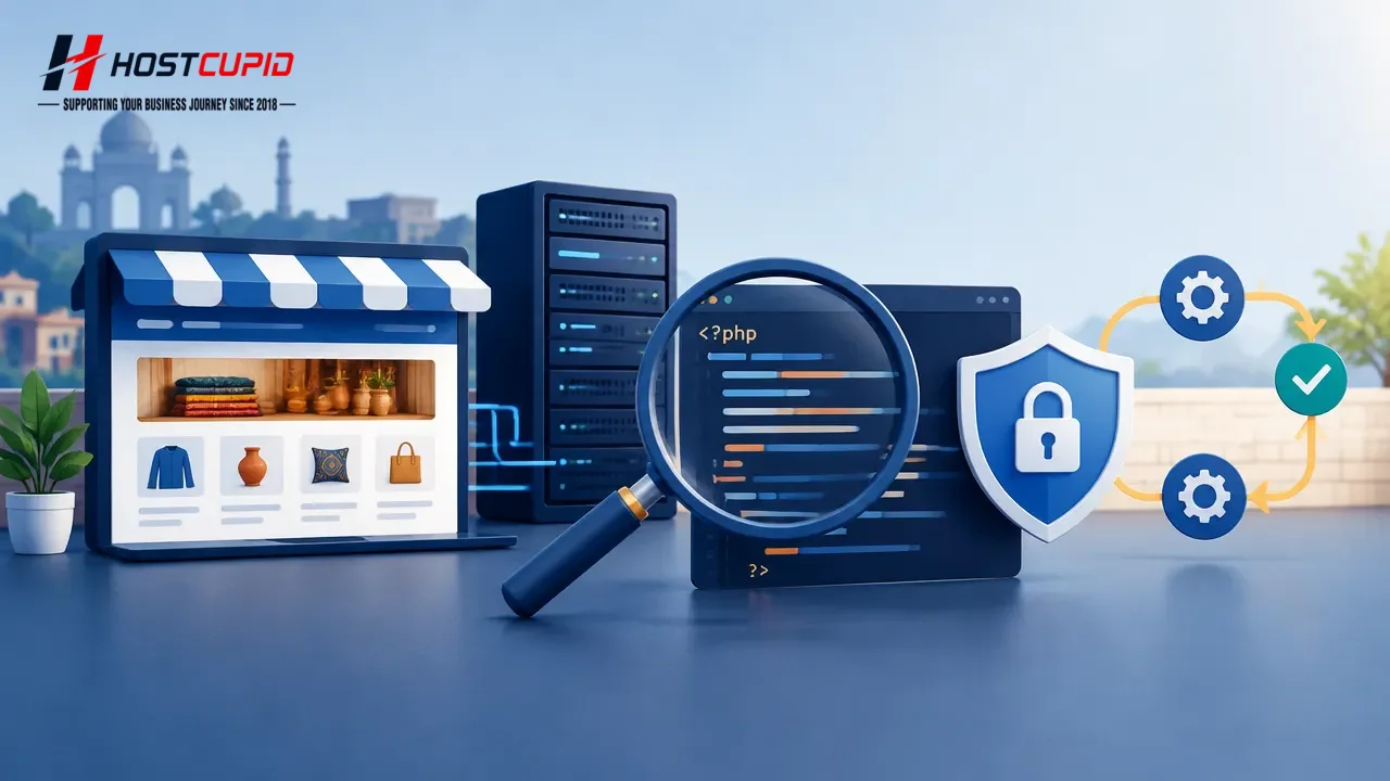 Illustration of a small business website connected to a server while a security check examines its PHP runtime and update status.