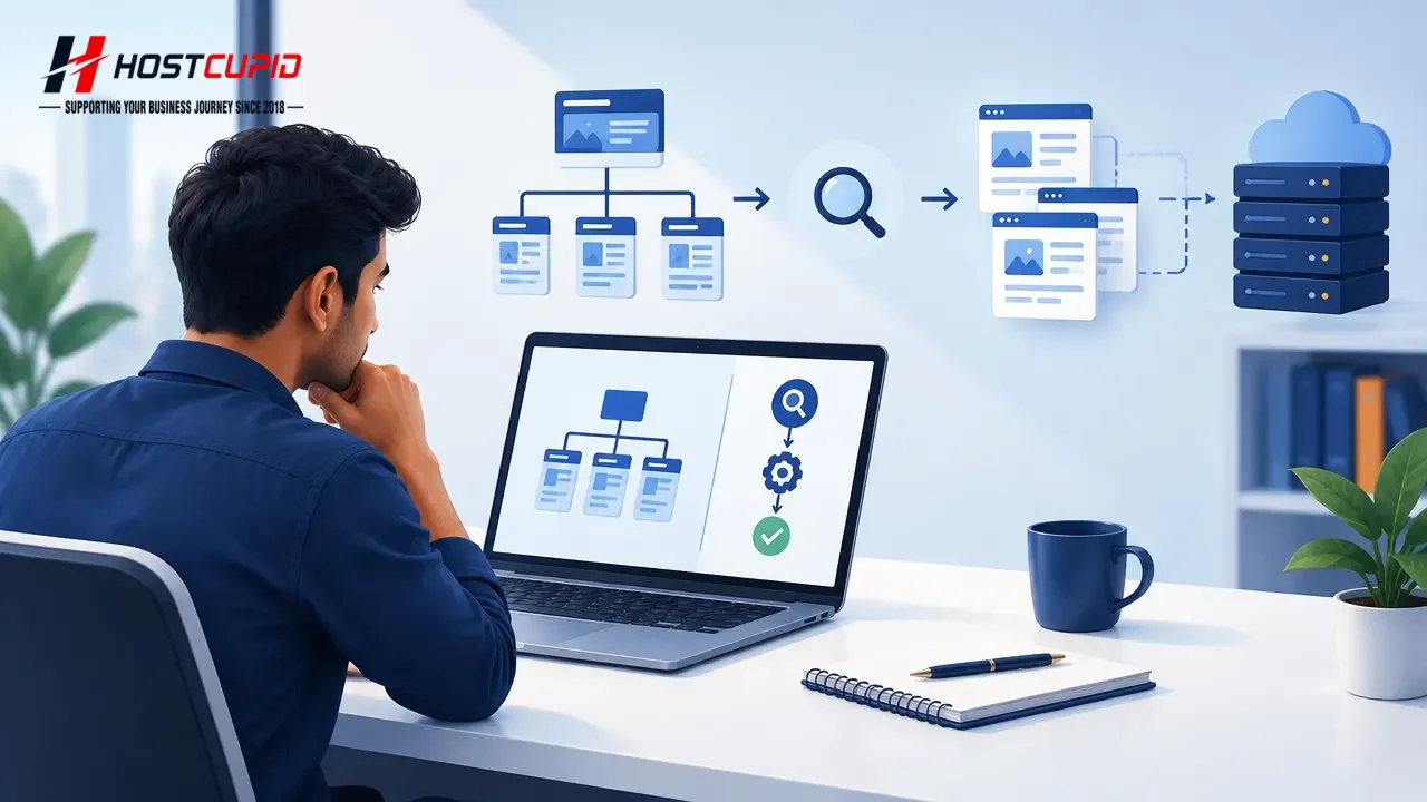 Website owner checking sitemap URLs and technical indexing signals on a laptop
