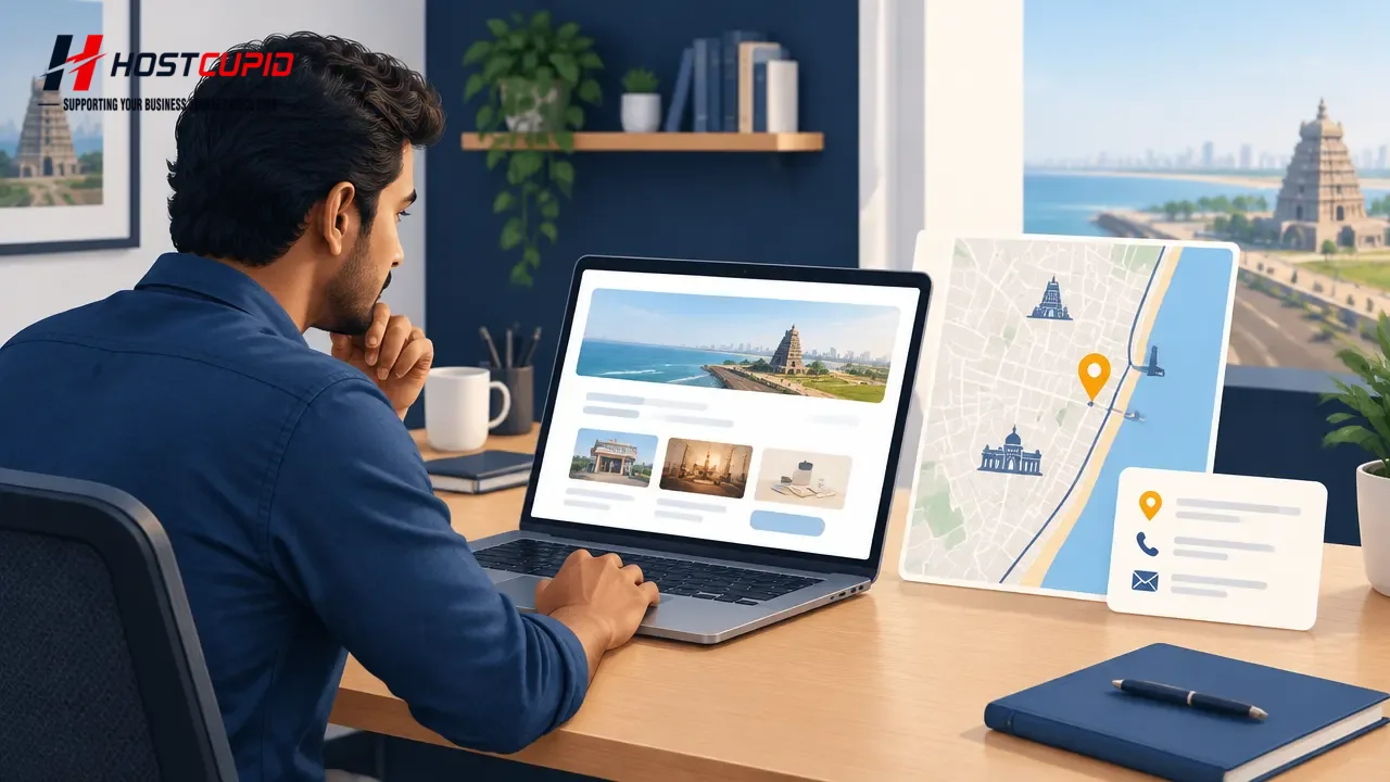 Indian small business owner reviewing a website page alongside a map and business contact details