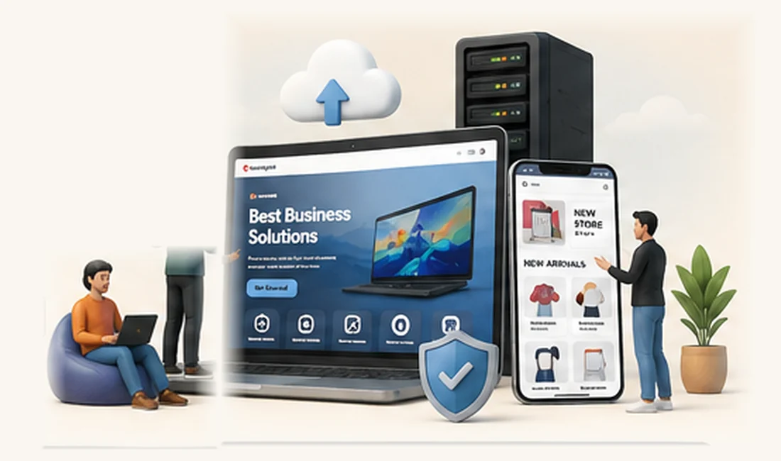 3D HostCupid business technology scene with Indian professionals, website, ecommerce, cloud hosting and security