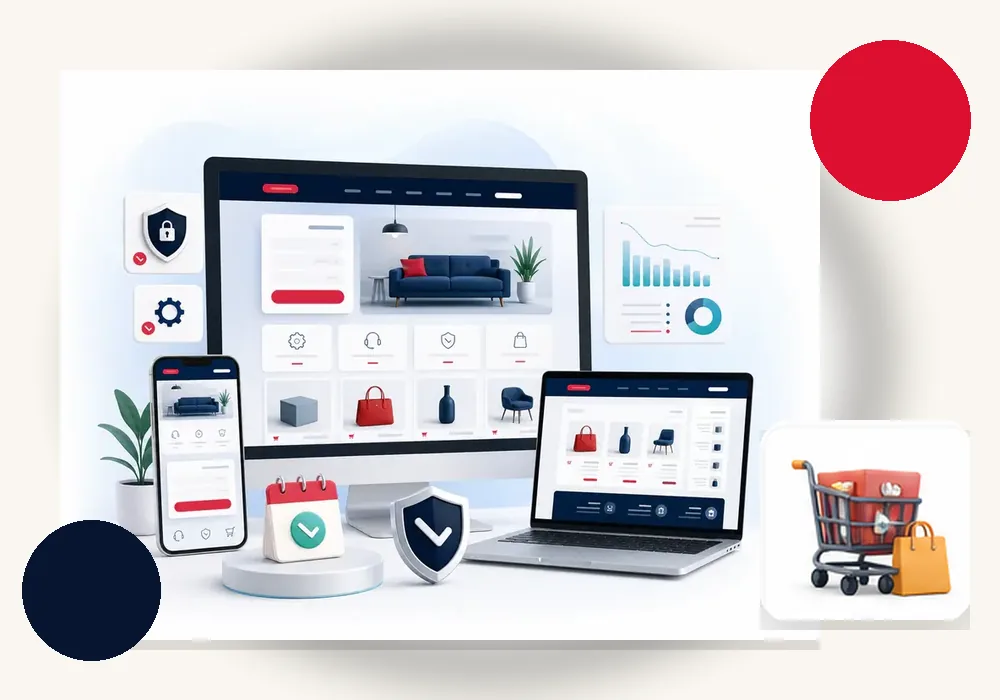 3D ecommerce development scene with online store, cart and customer checkout journey