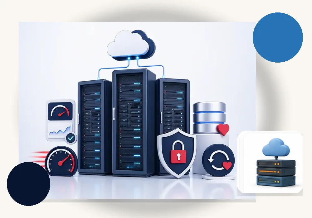 3D web hosting infrastructure with cloud, servers, security and website deployment