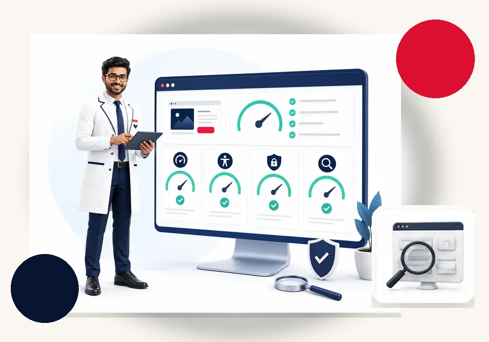 3D website diagnosis scene for speed, security, mobile and technical issues