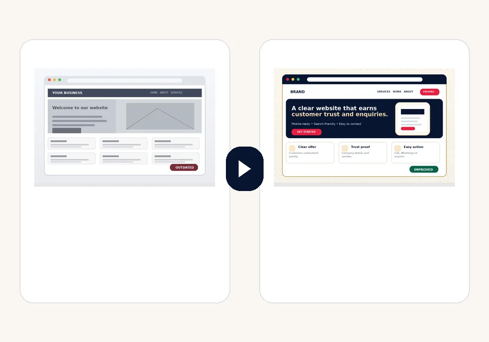 3D before-and-after website redesign scene showing an outdated site becoming a clear responsive business website