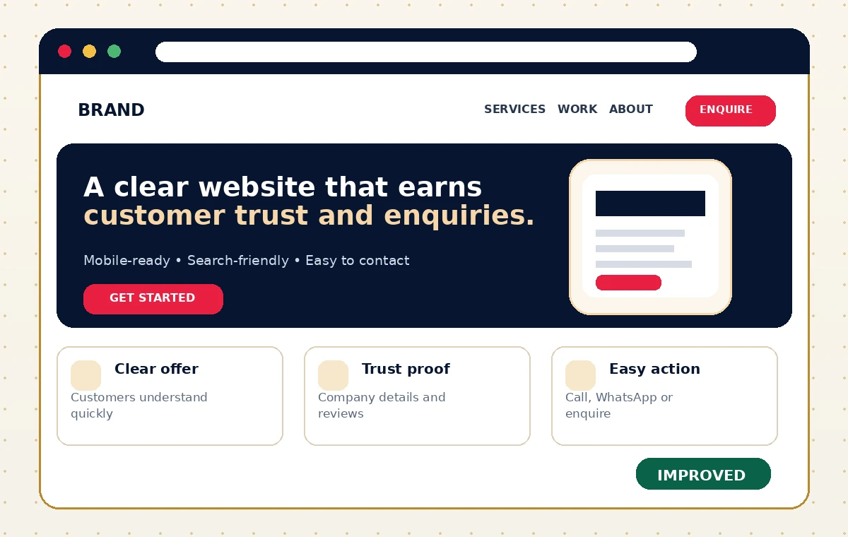 Improved business website demonstration with clear message, trust and enquiry actions