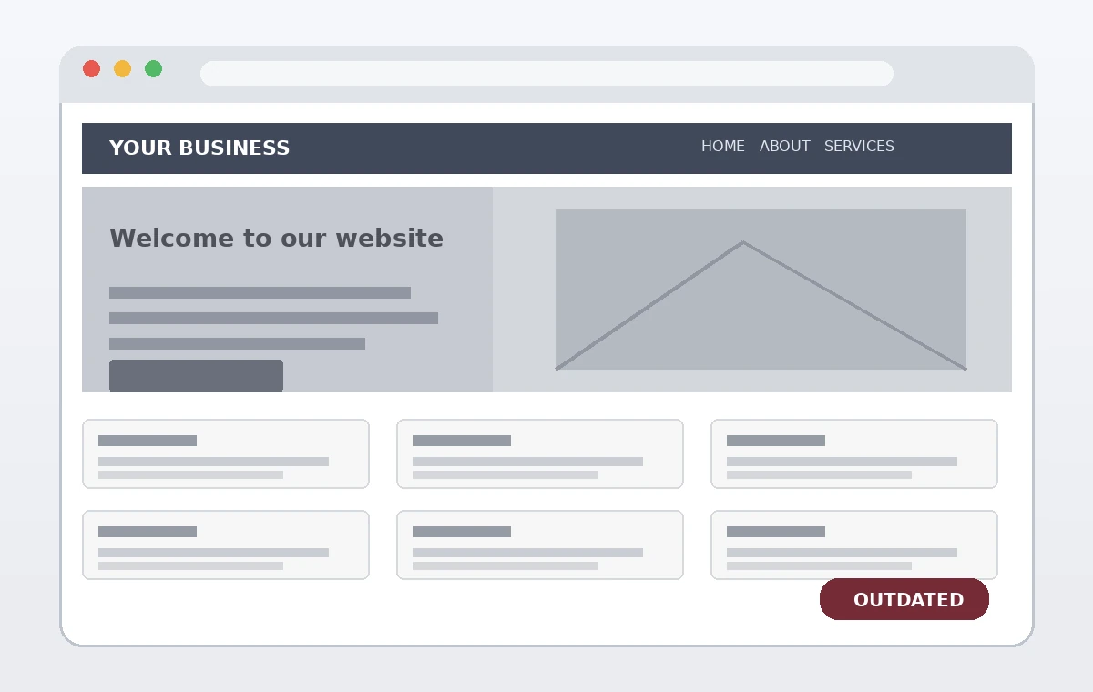 Outdated business website demonstration with generic content and weak customer actions