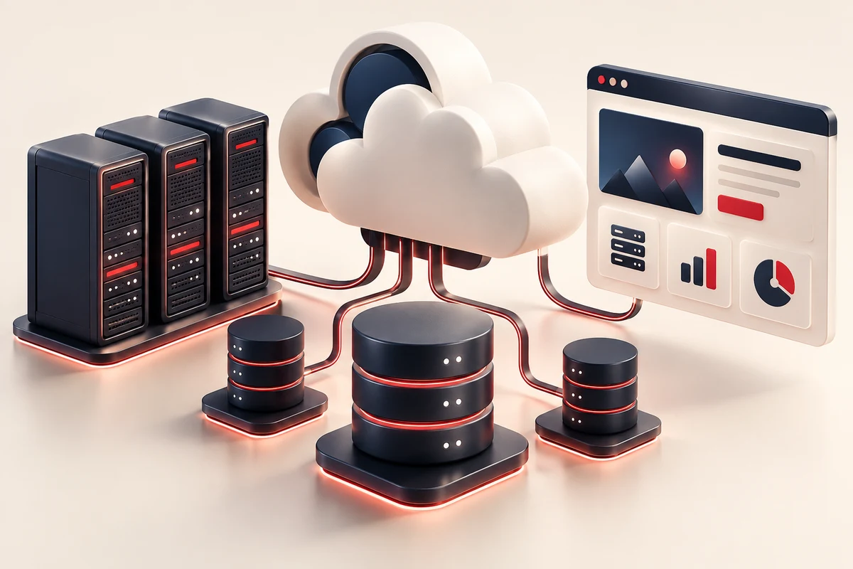 3D illustration of cloud hosting, servers and a website dashboard